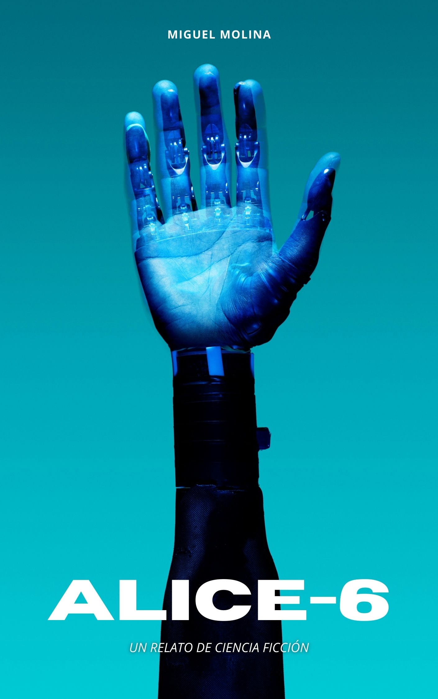 Una mano de aspecto robótico hacia arriba sobre fondo azul